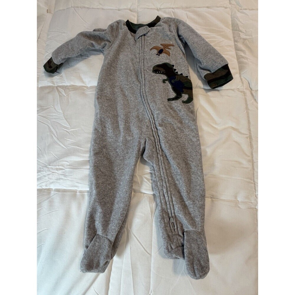 CARTERS FOOTED PJS WITH 2 WAY ZIPPER 9 MONTHS GRAY W/DINOSAUR